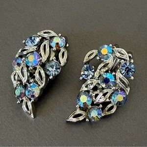 Lisner Blue Aurora Borealis Crystal Open Leaf Clip-On Earrings - Vintage